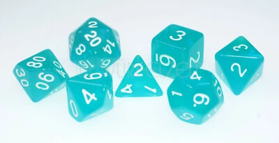 RPG Poly Set Moonstone topaz-blau m/weiss Würfelzeit w4-w20 DnD 7 Würfel