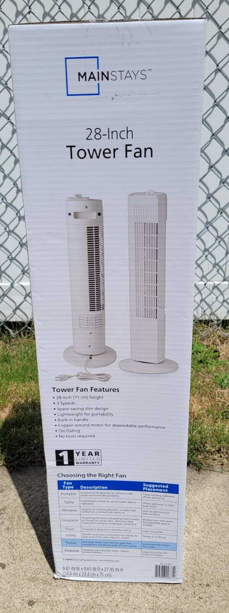 Mainstays 28u0026#034; 3-Speed Oscillating Tower Fan White, FZ10-19MB - NEW |  eBay