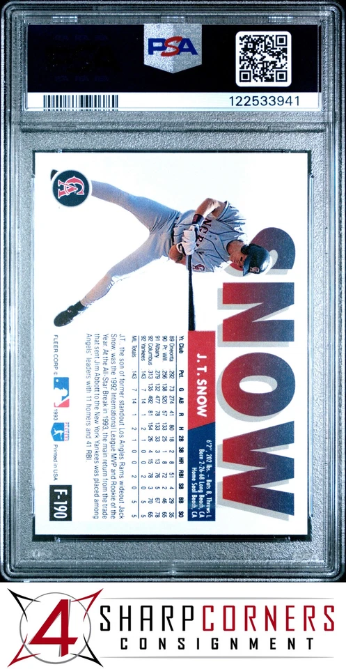 1993 FLEER FINAL EDITION #F-190 J.T. SNOW RC ANGELS PSA 10 - Image 2 of 3