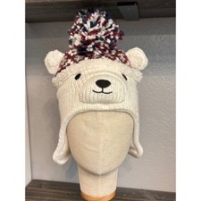 Polar Bear Beanie Kids Medium White Winter Pom Pom Winter Cozy