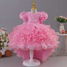 Girls Flower Tutu Dress Puff Sleeves Princess Wedding Gown Kids Birthday Party