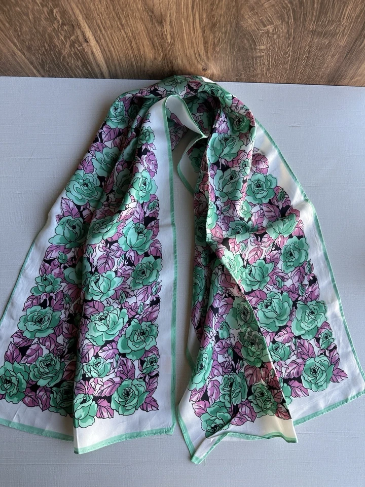 Vintage Scarf Green Purple Floral Print Japan Acetate Glentex - Image 2 of 4