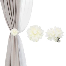 2 Pack Artificial Lotus Flower Curtain Tiebacks Clip, White