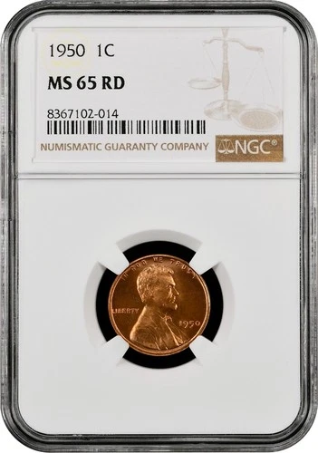 1950 Lincoln Cent graded by NGC MS 65 RD