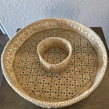 Vintage 1970's Boho Woven Chip and Dip Serving Tray. 13. Inch Diameter