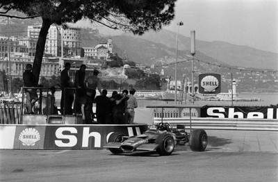 Graham Hill Lotus 49B Ford in Thursday practice Aerofoil wings we- 1969 Photo