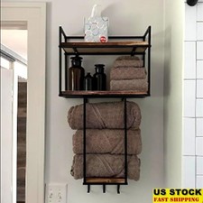 Wall Mounted Towel Rack Storage Hooks Bathroom Organizer Rustic Wood Metal New