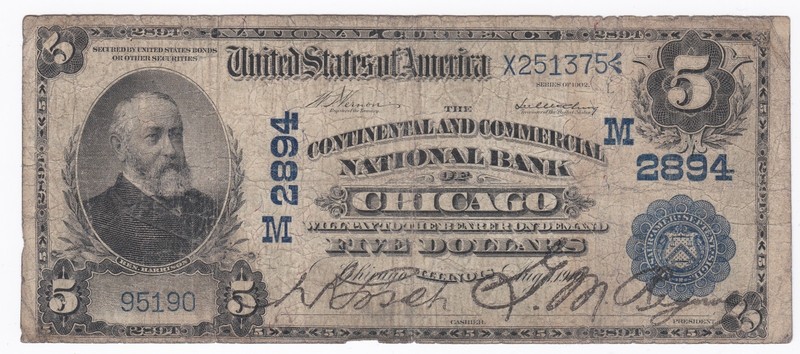 1902 $5 Note Fr# 593 Continental&Commercial Natl Bank of Chicago Il