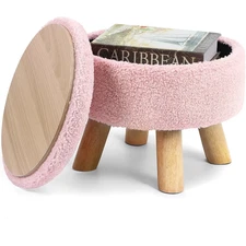 Nordic Boucle Ottoman Footstool with Storage | round Velvet Pouf with Wooden Leg