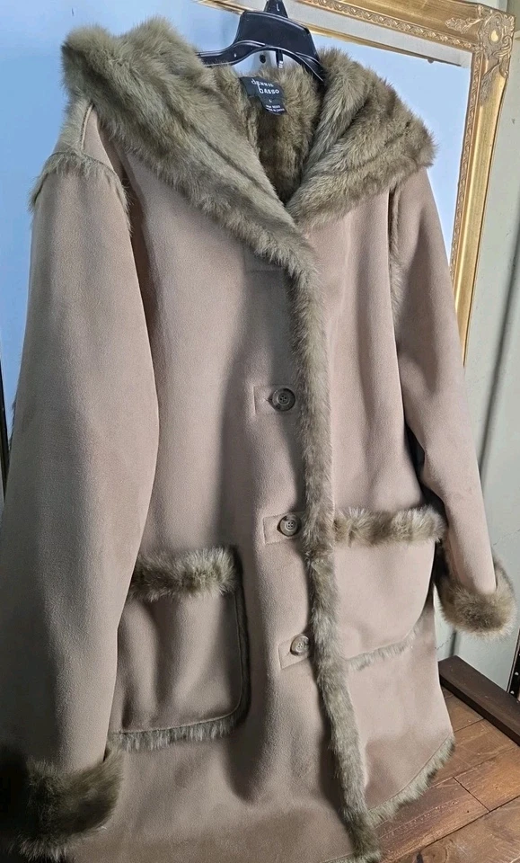 Abrigo Chaqueta Con Capucha De Gamuza De Colección Dennis Basso LG Para Mujer Marrón Piel Sintética  Foto 3 de 4