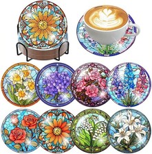 8 PCS Flowers Diamond Art Coasters, Diamond Painting Coasters Kits with Holder F