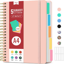 Pink 5 Subject Spiral Notebook with Dividers, A4 College Ruled Journal 280 Pages