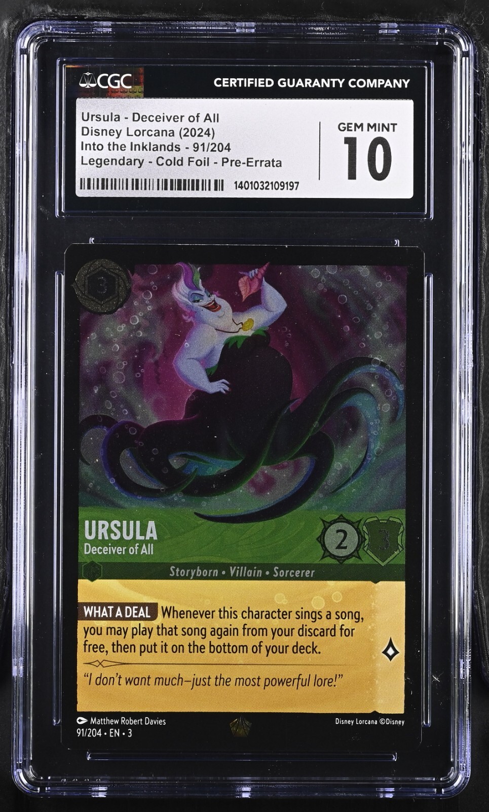 Ursula Deceiver of All #91  Cold Foil Lorcana Inklands CGC 10 - Pre-errata Error