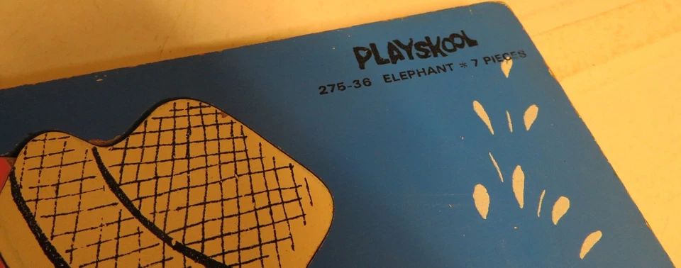 Vintage Blue Playskool 275-36 Pink Elephant Wooden Puzzle Wood Tray 7 pc Used - Image 3 of 4