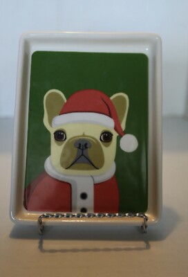 Rae Dunn Magenta Santa Pug Plate Dog Santa Hat Christmas Green