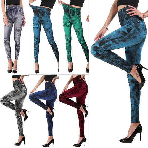Women Faux Denim Jeans Look Ripped Hole 