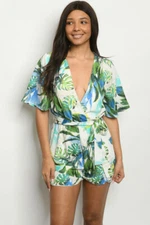 Ivory and Green Floral Romper Size Small Wrap Inspired V Neck Ruffled Leg 