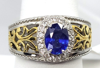 New 1.5 ct Sapphire Two-Tone Gold Filigree Halo Bridge Sterling 925 Ring Sz 8