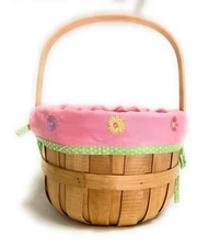 Round Basket Wood Slat 9.5” Spring/Easter Pink Fabric Lined Embroidery Flowers