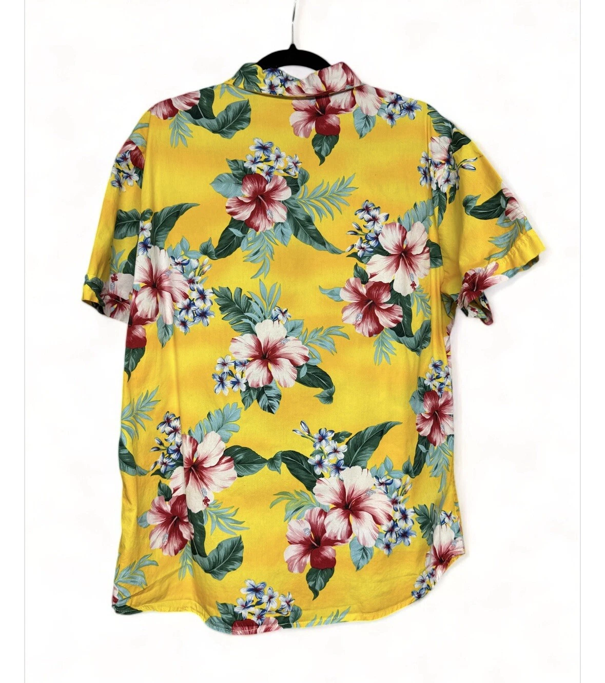 H2H Hawaiian Shirt Men Sz L Cotton Button Up Short Sleeve Yellow Tropical Resort