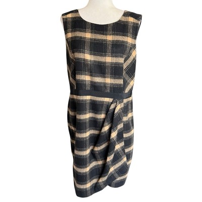 HOBBS Dress Size 12 Wool RIch Mock Wrap Fully Lined Black Brown Plaid Check
