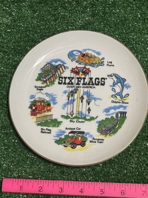 Vintage Six Flags Over Mid America Souvenir Plate Screamin Eagle Sky Chuter