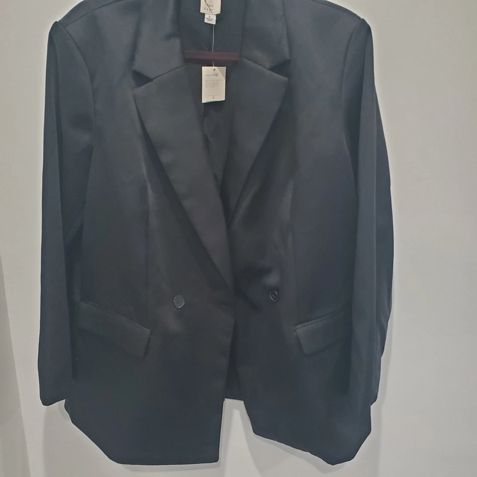 NUEVO CON ETIQUETAS A New Day Chaqueta Esmoquin Negra Satinada De Gran Tamaño Doble Pecho Talla L Foto 4 de 4