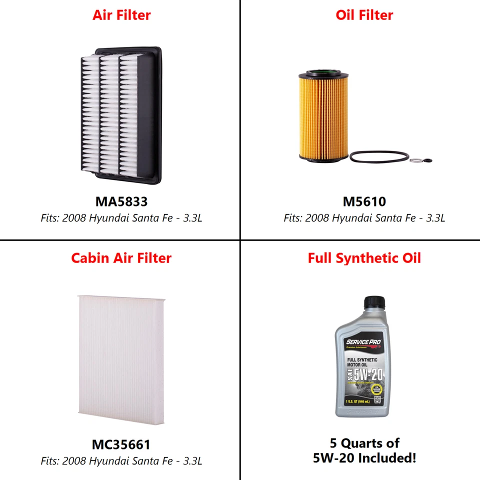 2008 Hyundai Santa Fe 3.3L Complete Oil, Air & Cabin Filter Kit (5W-20) Foto 2 de 4