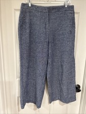 Ann Taylor SZ 10 Linen Blend Flat Front Wide Leg Crop Pant Blue Casual Chic