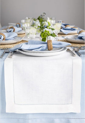 Linen Table Runner 90 Inches Long - Classic Hemstitch 100% Pure Linen White Dini