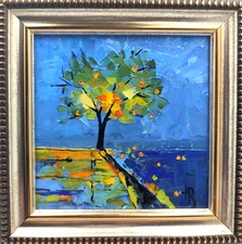 Original Oil Painting Original Art  Magic Tree Abstract Landscape 4x4in Framed