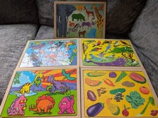 Set Of 5 Vtg Wooden Tray Puzzles Animals Birds Dinos Veggies  Sea Life 