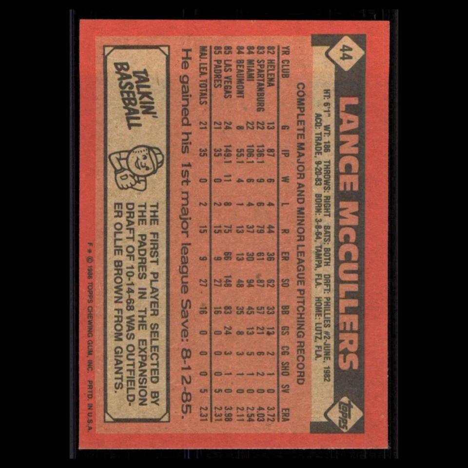 Lance McCullers Rookie #44 1986 Topps San Diego Padres Baseball Card MLB NM - Image 2 of 3