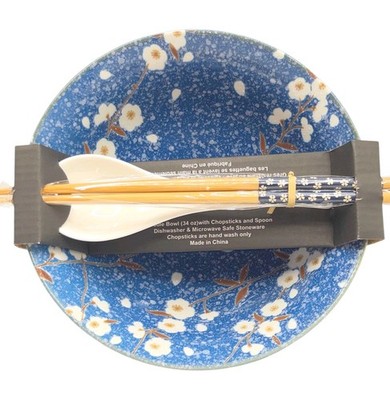 SH Home Sakura Cherry Blossom Ceramic Ramen Noodle Bowl Blue w/ Chopsticks Spoon