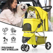 Yellow Folding Dog Cat Stroller Portable Pet Carrier Cart w/Adjustable Sunshade