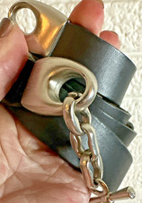 Chico's Adjustable Black Leather Belt Silver Tone Metal TOGGLE Closure M/L