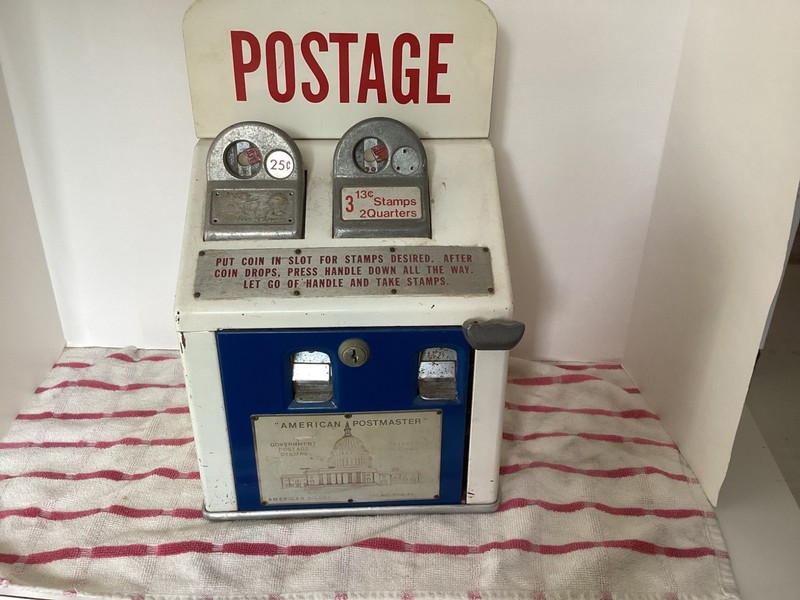 Vintage American Postmaster 2 Slot Postage Stamp Vending Machine, Dillon Mfg.