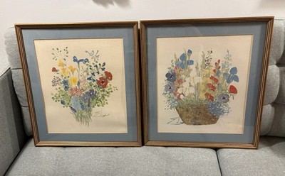 Eda Varricchio Floral Watercolor Lithograph Art Print Set Of 2 Blue Framed Matte