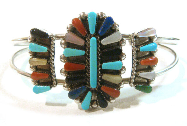 Zuni Cuff Bracelet Signed V. HALUSEWA Sterling Silver & Multi Stone Inlays