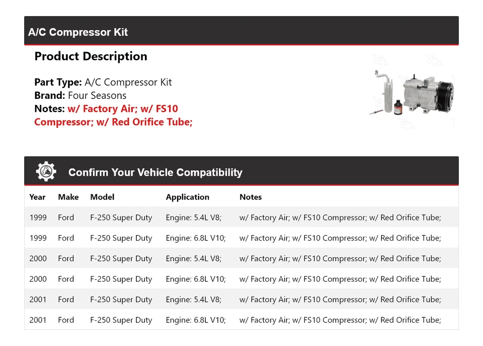适用于 1999 - 2001 年福特 F-250 Super Duty 空调压缩机套件 4 季 2000 — 第 2/4 张图片