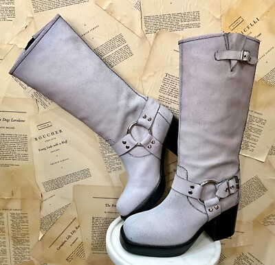 Anthropologie Jeffrey Campbell Tall Boots Harness Crackle Gray Leather 41/11 NEW