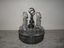 Round Metal Caddy for Vinegar & Oil and Salt & Pepper 8" Height VGC 