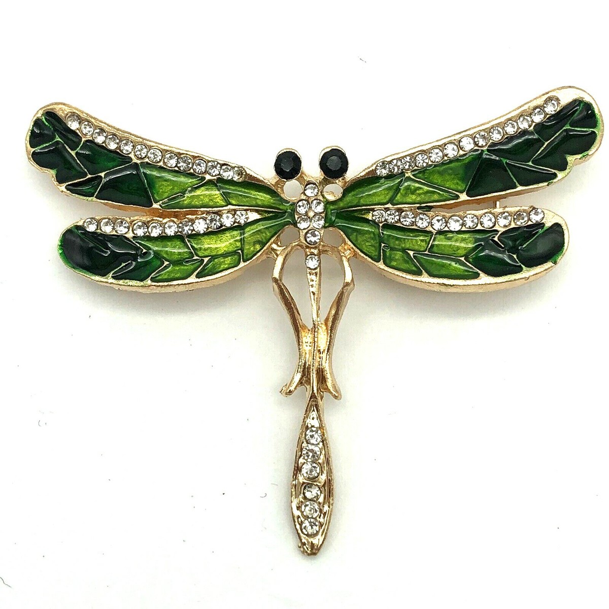 Green Enamel Rhinestone Dragonfly Brooch