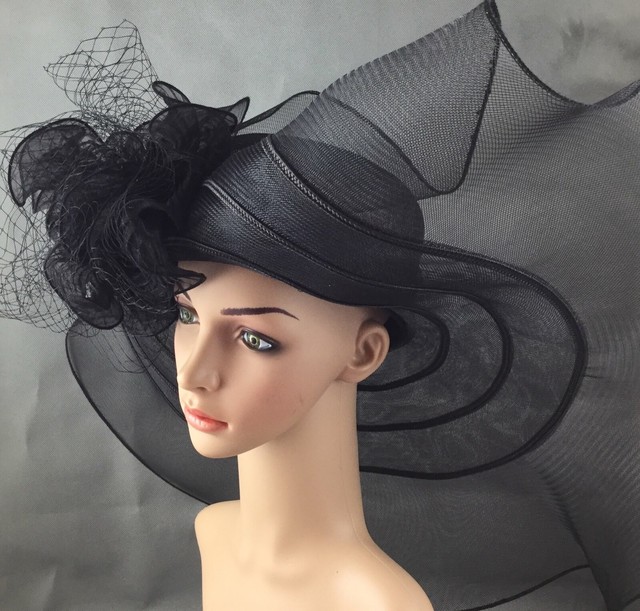 Women Black Funeral Hat Extra Wide Brim Kentucky Derby Hat Formal Dress