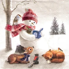 (2) Two Paper Lunch Napkins for Decoupage/Mixed Media - Bedtime Stories snowman