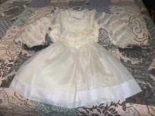 True VTG Girls Off White Sheer Party Dress Pearls Lace Nylon Full Circle RARE