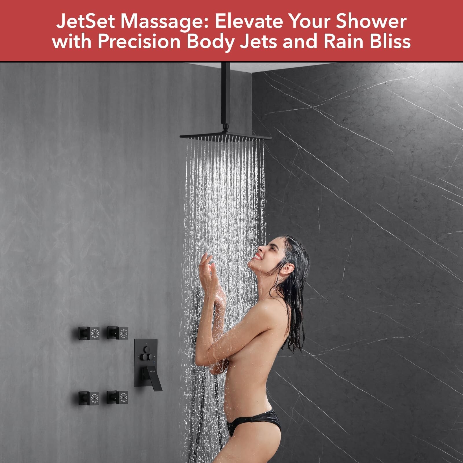 VANFOXLE Duscharmatur-Set Mattschwarz | Mit Körperdüsen & Regendusche