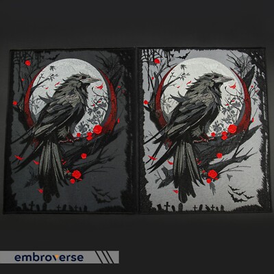 Gothic Raven Large Back Patch, Dark Macabre Witchy Crow Art, Embroidered Iron On