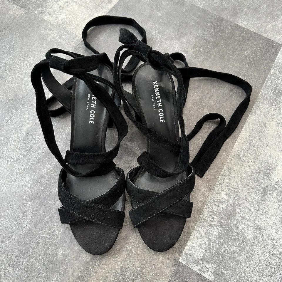 KENNETH COLE Zapatos Mujer 7.5 Negro Victoria Gamuza Tobillo Envolvente Sandalia Tacón Bloque Foto 4 de 4