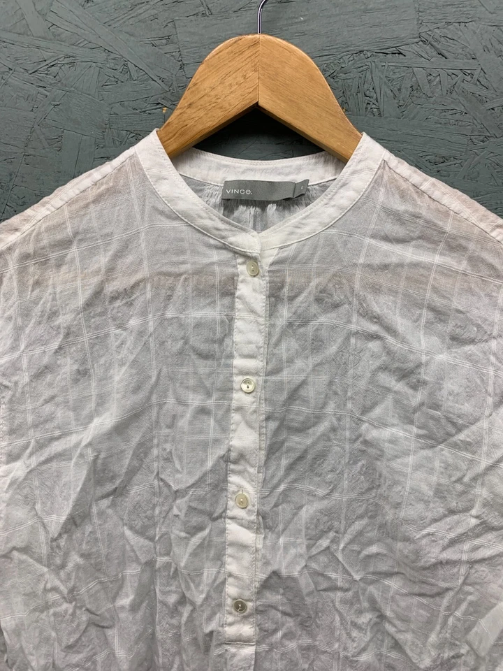 Blusa Vince Para Mujer XS Blanca Transparente Manga Larga Cuello Banda Tela Mixta Top Foto 2 de 4